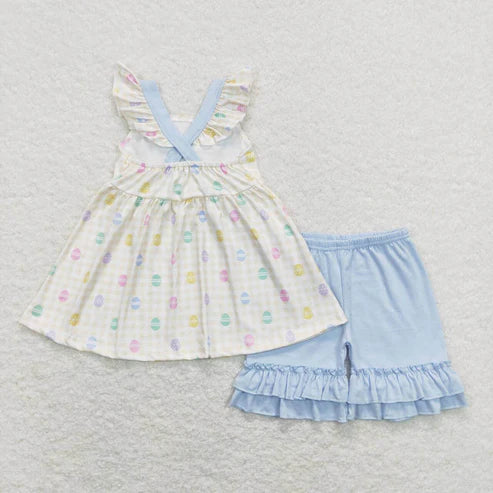 6.17 GSSO0420 Easter egg blue bow yellow and white plaid short-sleeved shorts