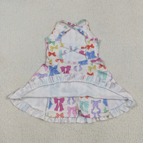 5.9  GSD2291 Baby Girls Strap Colorful Bows Yoga Ruffle Knee Length Dress