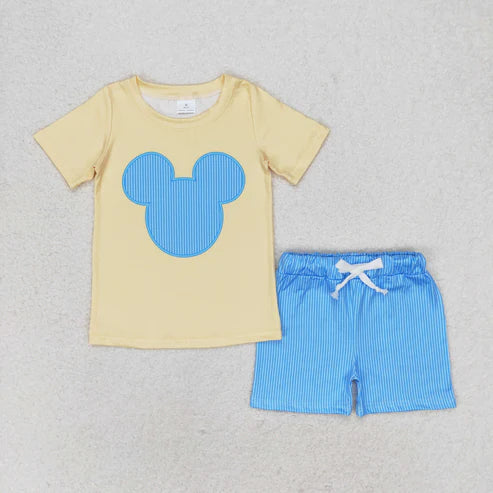 4.12 BSSO0875 Cartoon Mouse yellow short sleeve blue striped shorts suit for boys