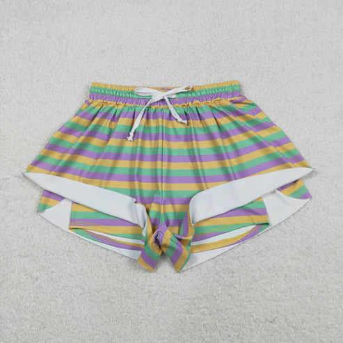 RTS NO MOQ(In Stock) SS0706 Adult Women Mardigras Stripes Yoga Active Ruffle Shorts Bottom