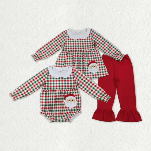 10.31 Sibling Baby Girls Red Green Checked Embroidery Santa Tunic Ruffle Pants Christmas Set Rompers
