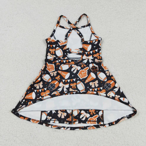 8.25 GSD2777 Baby Girls Strap Bows Footballs Plaid Shorts Team Yoga Active Knee Length Dress