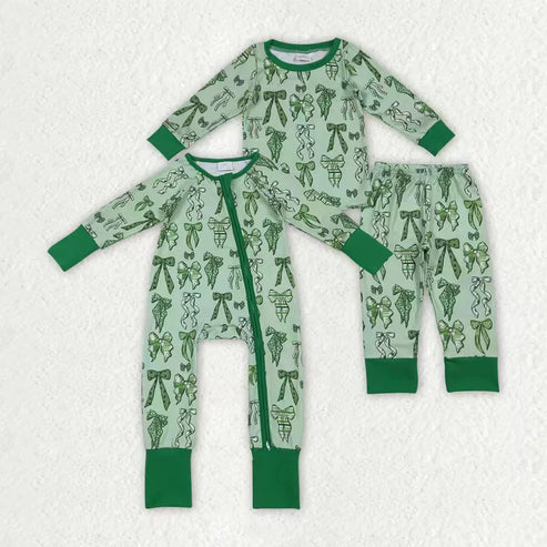 11.1 Sibling Baby Girls Green Clovers Bows Top Pants St Patrick Pajamas Sets Zipper Rompers