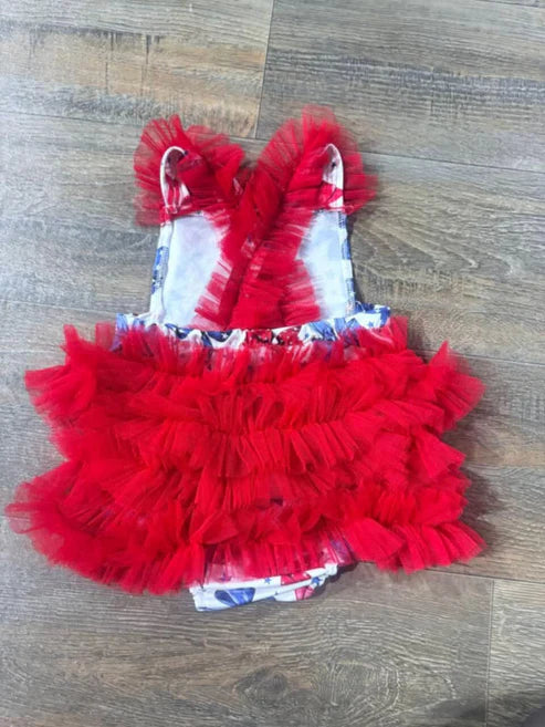 3.28 SR2965 Baby Infant Girls Red Tulle Strap Bows Stars 4th Of July Ruffle Rompers Preorder