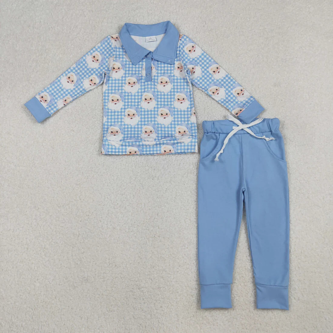 10.14 BLP1295 Baby Boys Blue Checked Santa Button Top Pockets Pants Christmas Clothes Set