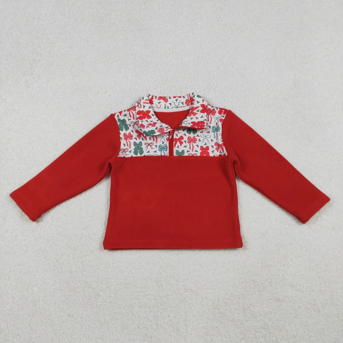 10.16 GT1150 Baby Girls Red Green Bows Christmas Half Zipper Pullover Top