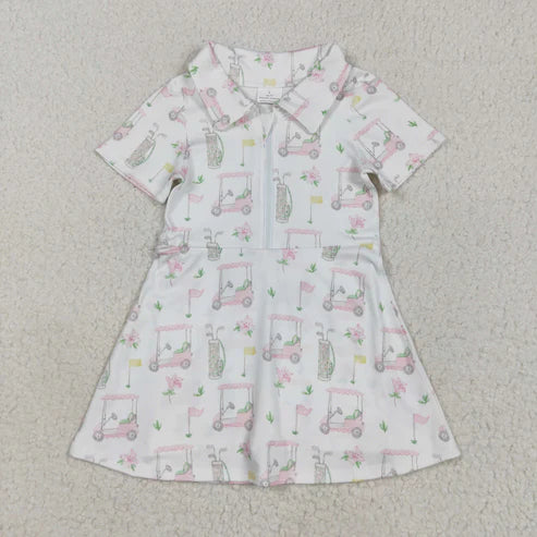 5.2 GSD2410 Baby Girls Short Sleeves Pink Flowers Golf Zipper Knee Length Dress