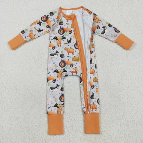 8.13 LR2444 Baby Girls Long Sleeves Bats Farm Pumpkins Zipper Romper