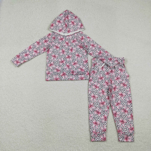 10.30 GLP2854 Baby Girls Pink Bows Leopard Hoodies Pockets Pants Clothes Set