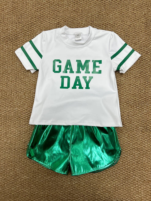 8.25 GT1103+SS0410 Baby Girls Vinyl Green Game Day Top Leather Shorts Team Active Set