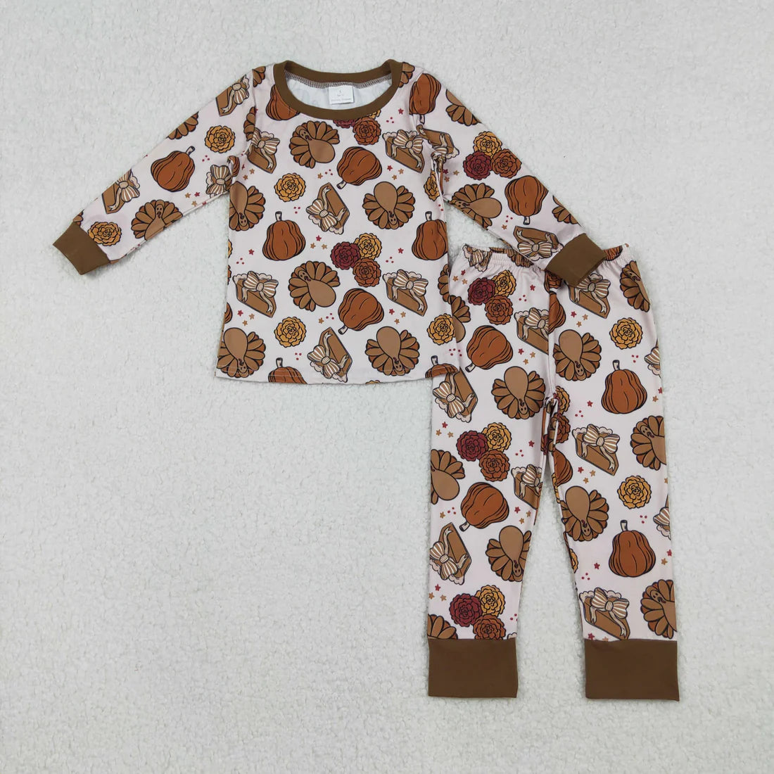 10.18 GLP2884 Baby Girls Pie Turkey Pumpkins Top Pant Thanksgiving Pajamas Set
