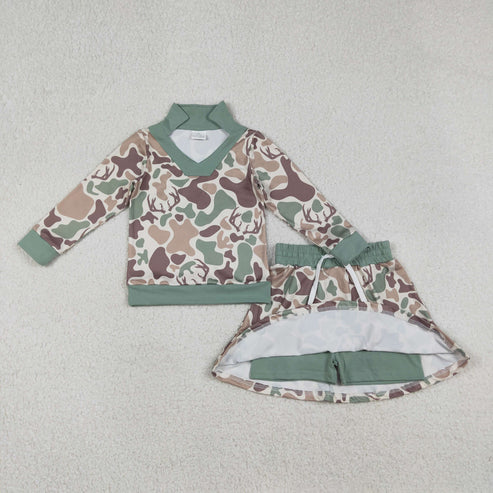 RTS NO MOQ(In Stock) GLD1477 Baby Girls Green Deer Camo Long Sleeve Skirts Shorts Hunting Clothes Set
