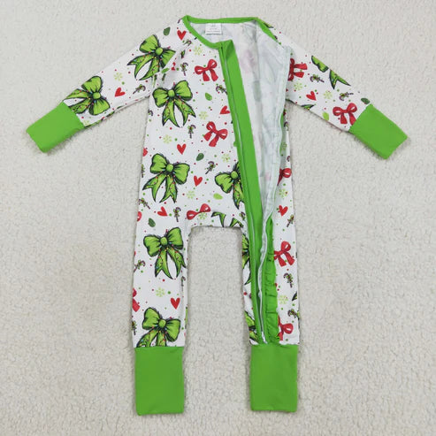 8.13 LR2482 Baby Girls Long Sleeves Green Red Bows Hearts Ruffle Zipper Romper