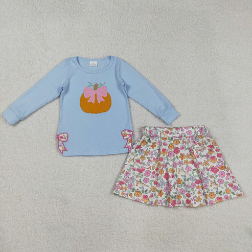 9.1 GLD1172 EmbroideryBaby Girls Blue Long Sleeves Bows Pumpkin Top Flowers Skorts Set