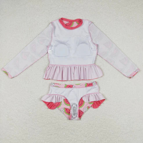 S0264 Floral watermelon pink lace long-sleeved bathing suit