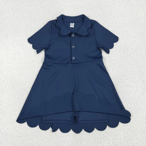 6.23 GSD2487 Baby Girls Navy Short Sleeves Button Yoga Knee Length Dress