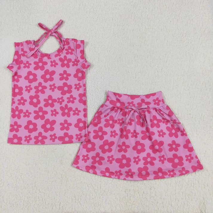 6.11 GSD2583 Baby Girls Sleeveless Hot Pink Flowers Top Pockets Short Skirts Set