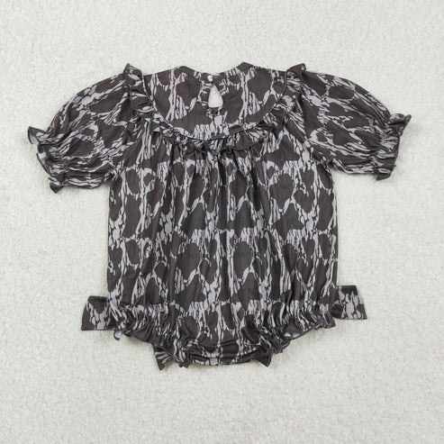 11.12 LR2727 Embroidery Baby Girls Gray Camo Mamas Bestie Bows Western Ruffle Romper