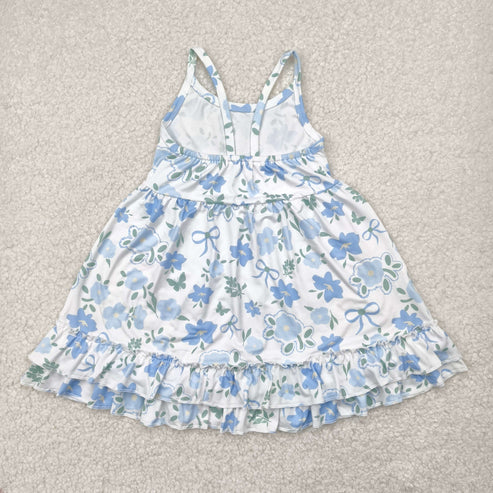4.29 GSD2377 Baby Girls Blue Strap Floral Knee Length Dress