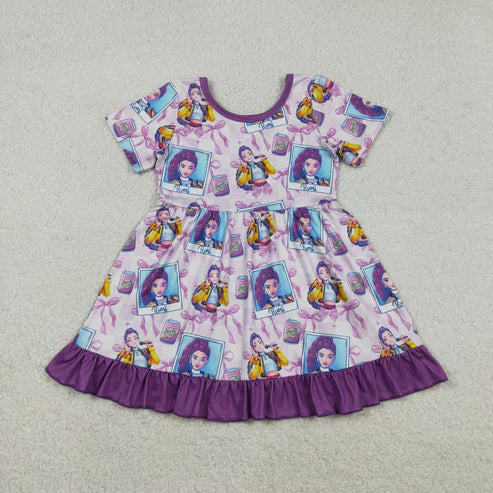 12.16 GSD3272 Baby Girls Purple Checked Bows Demon Hunter Ruffle Knee Length Dress