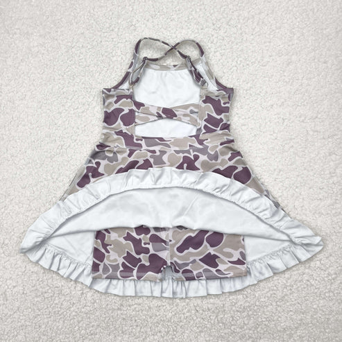 5.2  GSD2312 Baby Girls Strap Purple Camo Yoga Ruffle Knee Length Dress