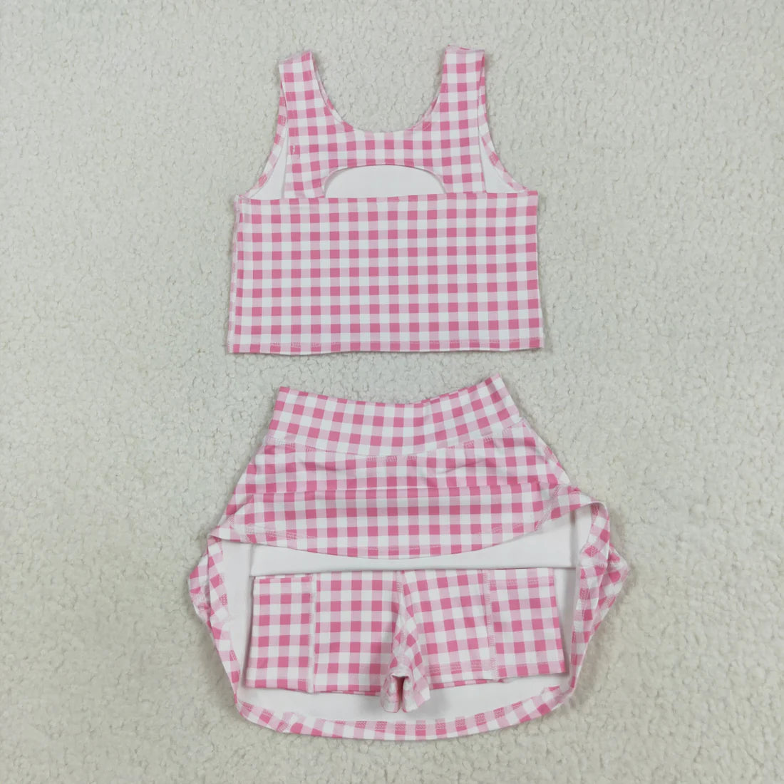 8.12 GSD2786 Baby Girls Sleeveless Pink Checked Vest Top Skorts Yoga Activity Set