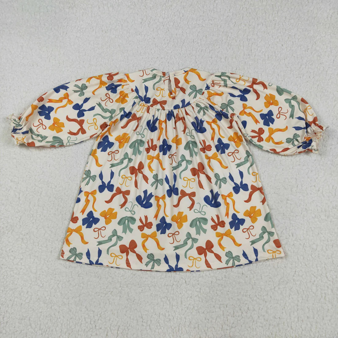 8.12 GLD1086 Baby Girls Long Ruffle Sleeves Smocked Thankful Colorful Bows Knee Length Dress
