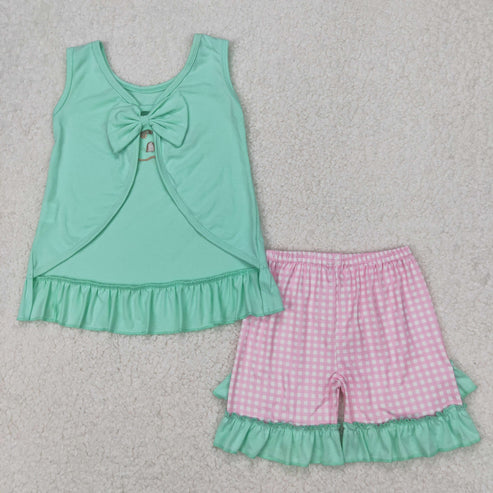 4.2 GSSO1983 Embroidery Baby Girls Castle Star Bows Tunic Ruffle Shorts Set