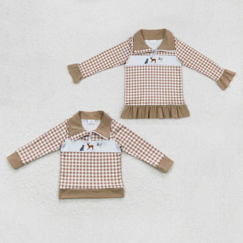11.1 Sibling Baby Boys Girls Embroidery Dogs Deer Ducks Western Zipper Pullovers Tops