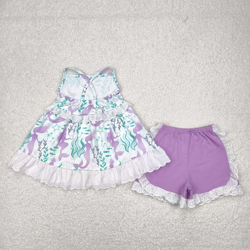 4.15 GSSO1675 Baby Girls Mermaid Lace Ruffle Tunic Shorts Clothes Set