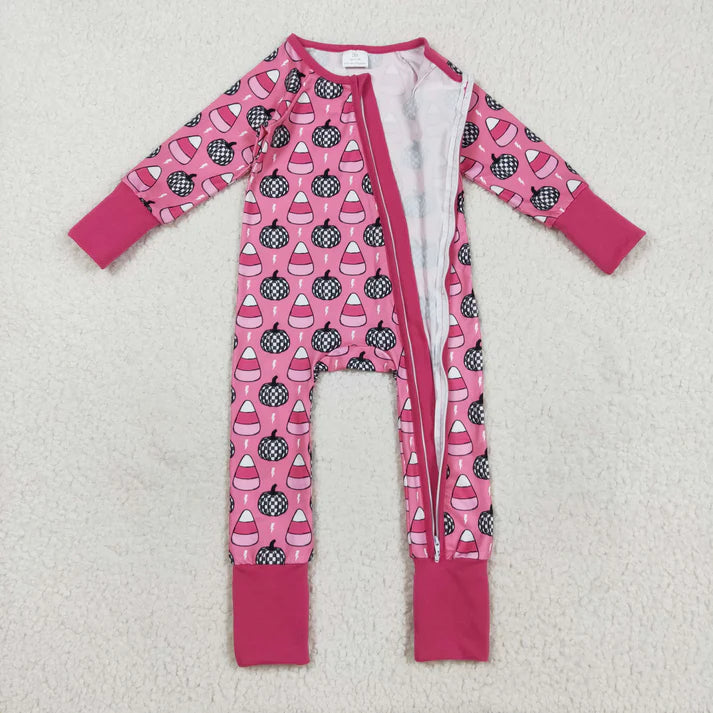 8.22 LR2467 Baby Girls Long Sleeves Plaid Pumpkins Candy Zipper Pant Romper