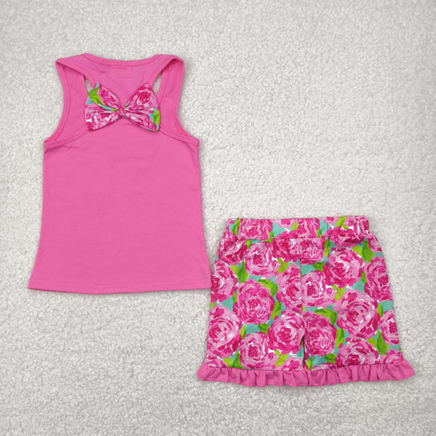 4.29 GSSO1605 Baby Girls Flower Bow Vest Top Ruffle Shorts Clothes Set
