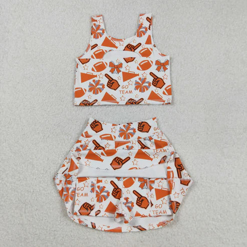 8.25 GSD2695 Baby Girls Team Orange Footballs T Vest Top Short Skirts Yoga Set
