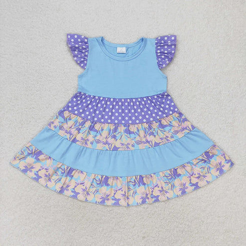 L-3.8 Sibling Baby Girls Flutter Sleeve Flowers Twirl Knee Length Dresses