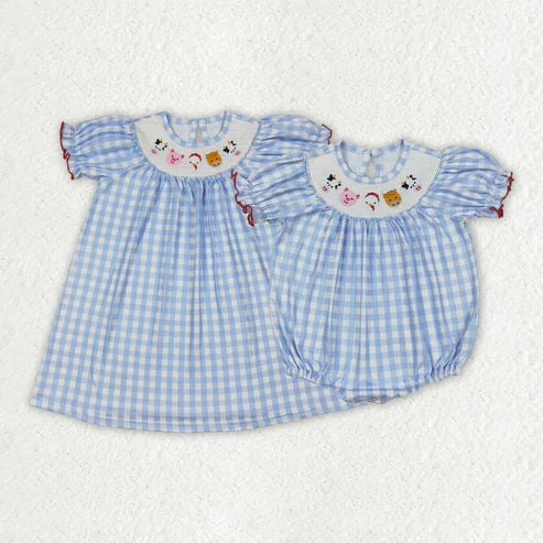 6.26 Sibling Baby Girls Blue Plaid Cows Pigs Farm Smocked Rompers Dresses