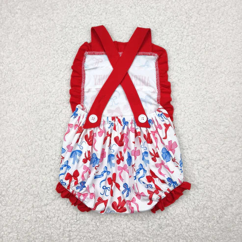 5.3 SR3048 Baby Girls Red Strap American Honey Blue Bows 4th Of July Romper