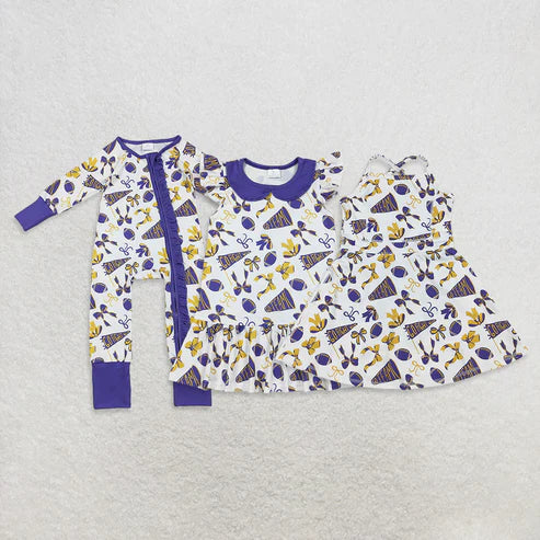 10.31 Sibling Baby Girls Purple Bows Footballs Go Team Ruffle Zipper Romper Knee Length Dresses