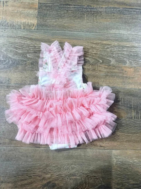 3.28 SR2964 Baby Infant Girls Pink Tulle Strap Floral Stripe Ruffle Rompers Preorder