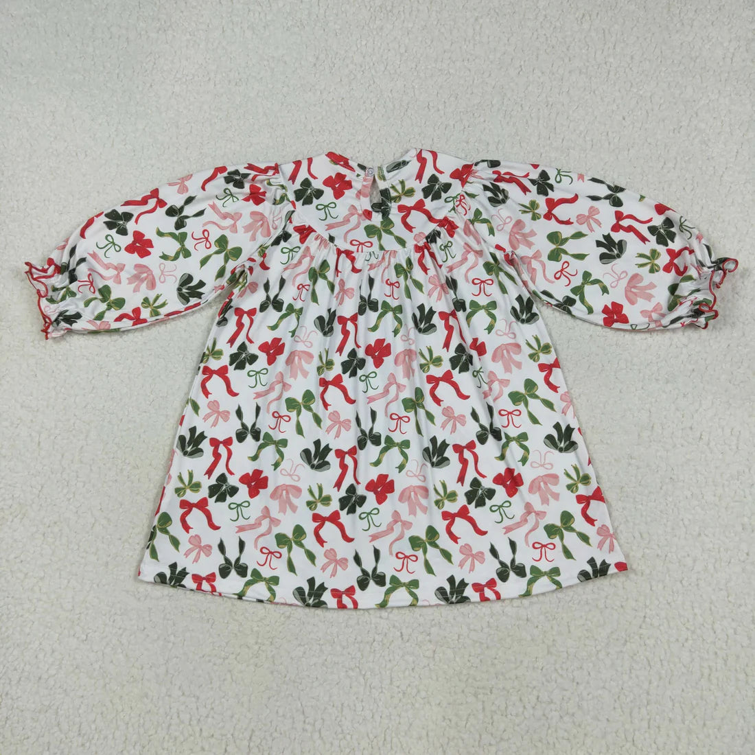 8.12 GLD1094 Baby Girls Long Sleeves Smocked Merry Christmas Colorful Bows Knee Length Dress