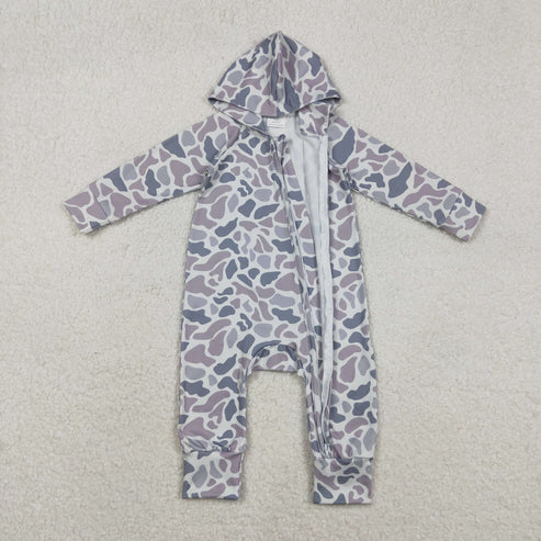 10.27 LR2813 Baby Boys Grey Camo Hoodie Zipper Footie Romper