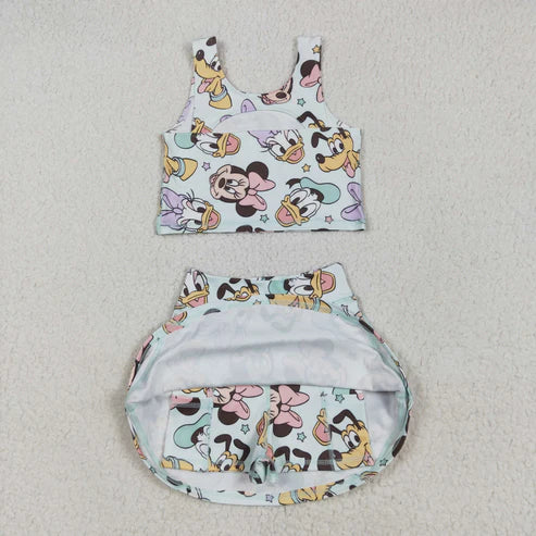 5.3 GSD2353 Baby Girls Sleeveless Cartoon Mouse Ducks Top Skort Yoga Set