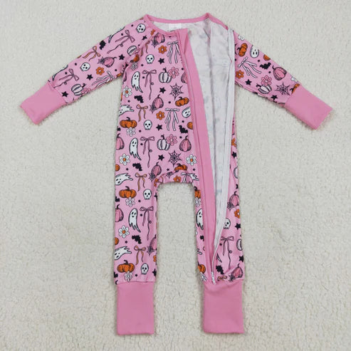 8.13 LR2405 Baby Girls Long Sleeves Pink Ghost Pumpkins Zipper Pant Romper