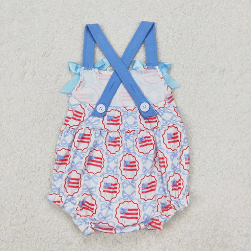 3.29 SR2691 Baby Infant Girls Blue Bows Flag Straps Romper
