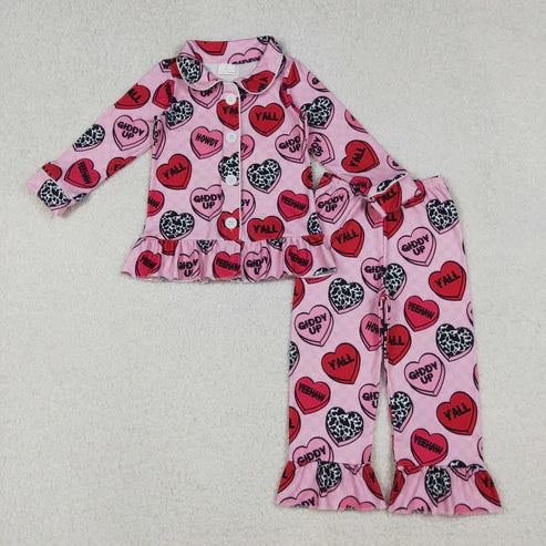 10.10 GLP2843 Baby Girls Pink Checked Hearts Button Top Pants Valentine Pajamas Set