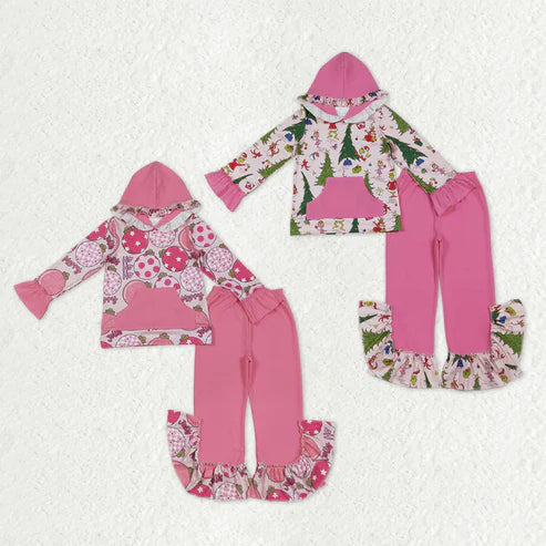 10.31 Sibling Baby Girls Pink Lights Grin Plaid Pocket Hoodies Ruffle Bell Pants Christmas Clothes Sets