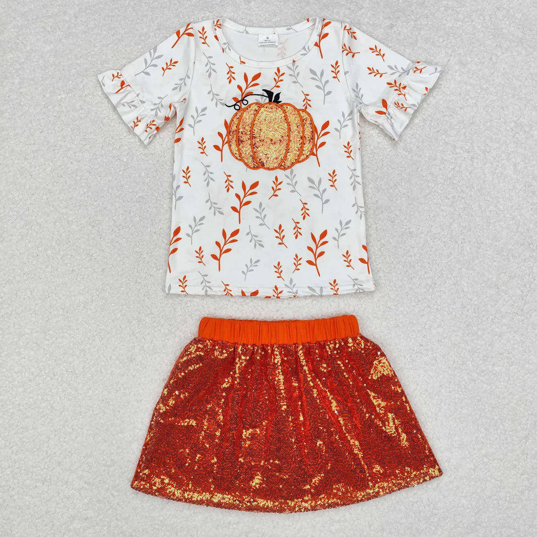 L-3.3 GSD1437 Baby Girls Pumpkin Shirt Sequin Skirts Clothes Set
