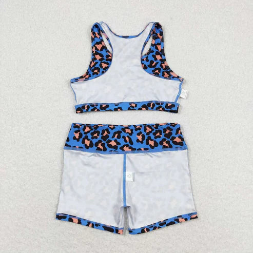 GT0517+ SS0214 Blue-orange leopard print sleeveless top and shorts yoga suit