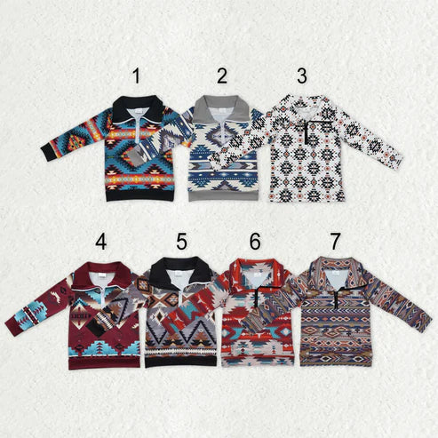 10.31 Sibling Baby Boys Western Aztec Long Sleeves Zipper Pullover Tops
