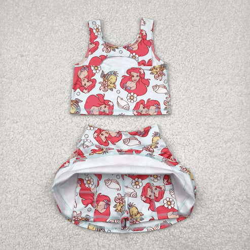 4.29 GSD2354 Baby Girls Sleeveless Cartoon Mermaid Fishes Top Skort Yoga Set