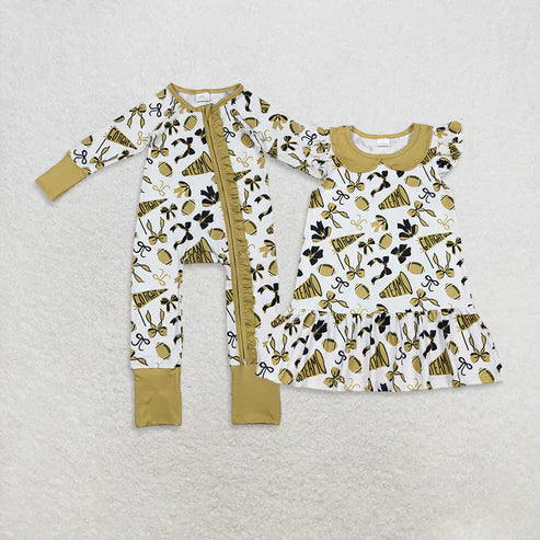 11.1 Sibling Baby Girls Gold Bows Footballs Go Team Ruffle Zipper Footie Romper Knee Length Dress